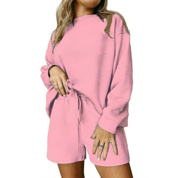pstuiky Lounge Sets for Women, Women Print Long Sleeve Round Neck Blouses Shirts Sets and Shorts Tailored Fit Workout Oversized Pj Sets Loungewear Set Up to 50% Off Pink XL