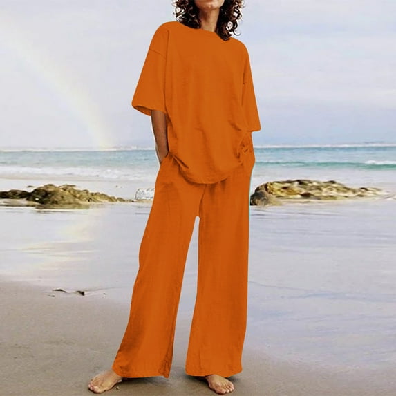 pstuiky Lounge Sets for Women, Women Print Short Sleeve Round Neck Blouses Shirts Sets and Long Pants Loose Fit Athletic Plus Size Pajama Sets Loungewear for Women Hot Prices Orange XXXL
