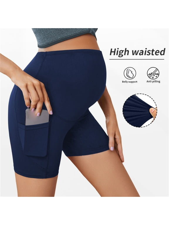 Maternity Biker Shorts Women with Pockets Solid Color High Waist Support Belly Bump Active Wear Breathable Stretchy Pregnancy Biker Shorts for Exercise Home