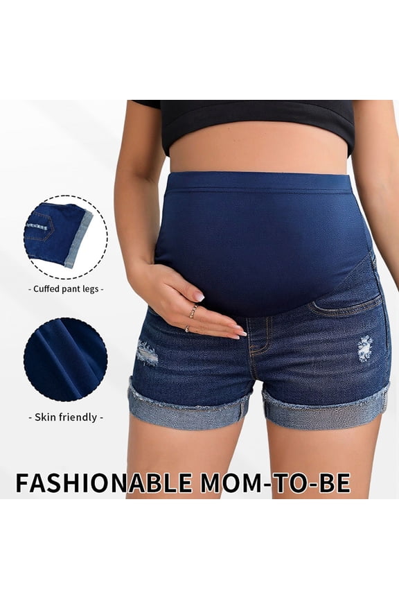 Maternity Biker Shorts Women Shorts with Pockets High-Waisted Ripped Denim Shorts with Belly Support Stretch for Pregnancy Hip Lift Summer Casual Wear Pregnancy Workout Shorts