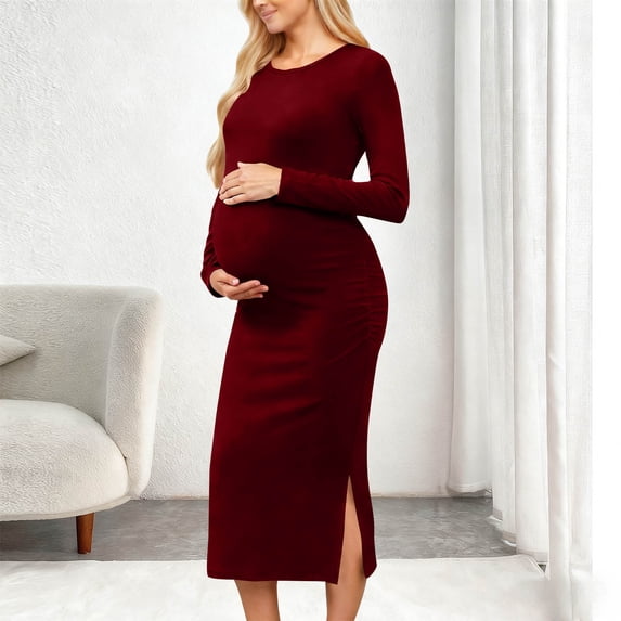 pstuiky Maternity Dress Summer Fashion Solid Color Drop Shoulder Mid-Length Dress Leisure Slim Fit Long Sleeve Beach Dress Women's Pregnancy Dresses