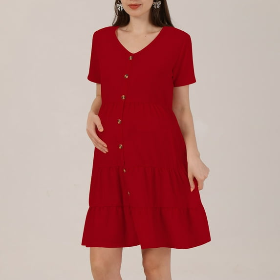 pstuiky Maternity Dresses, Women Fashion Casual Comfort Solid Color Button Pregnant Short Sleeve V-Neck Dress Plus Size Summer Dresses Maternity Clothes