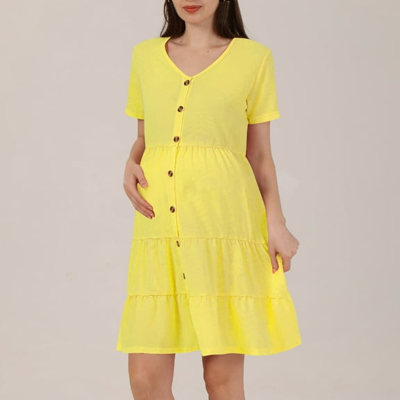 pstuiky Maternity Dresses, Women Fashion Casual Comfort Solid Color Button Pregnant Short Sleeve V-Neck Dress Summer Dresses Maternity Clothes Up to 50% Off