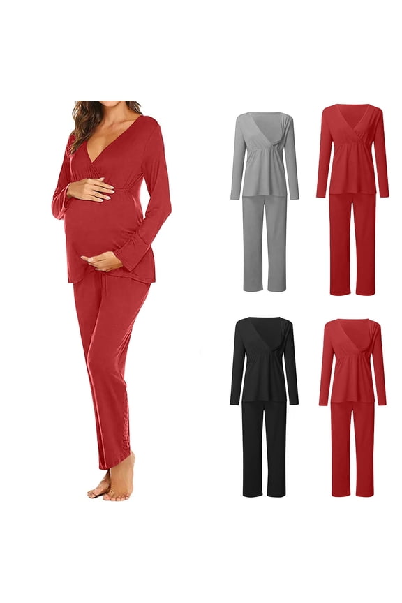 Maternity Lounge Sets Nursing Clothes Set Long Sleeve Top and Pants for Pregnancy Postpartum Breastfeeding 2-Piece Outfit Breastfeeding Pajamas