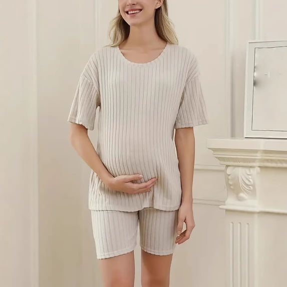 pstuiky Maternity Lounge Sets Summer Short Sleeved and Shorts Soft Stretchy Knit for Casual Wear 2-Piece Set with Pockets Maternity Breastfeeding Pajamas