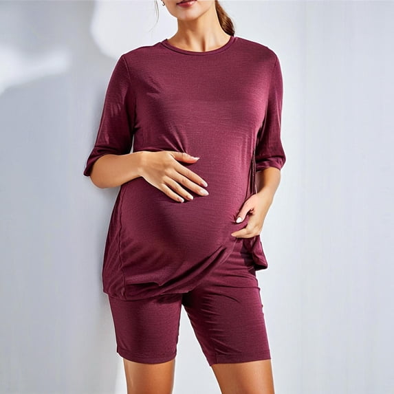 pstuiky Maternity Pajamas Set Solid Color Round Neck Short Sleeved and Soft Stretch Shorts with Pockets Elastic Loose Casual Comfortable Maternity Breastfeeding Pajamas