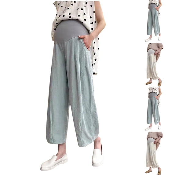 pstuiky Maternity Pants Wide Leg Yoga Pants with Pockets Solid Color Fashion High Waisted Belly Supporting Cropped Pants Baggy Maternity Clothes for Women