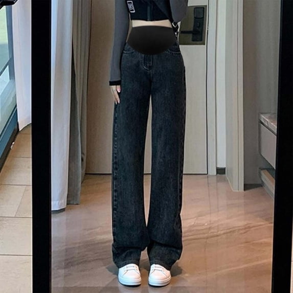 pstuiky Maternity Pants for Women Wide Leg Jeans High Waist Over The Belly Support Pants Loose Fit Straight Leg Floor Length Trousers Pregnancy Pants for Women