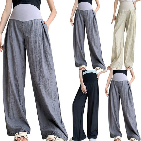 pstuiky Maternity Pants for Work Wide Leg Pants Women Solid Color Elastic High Waist Stretchy Lounge Pants for Pregnancy Casual Comfort Full Length Trousers with Pockets Maternity Clothes