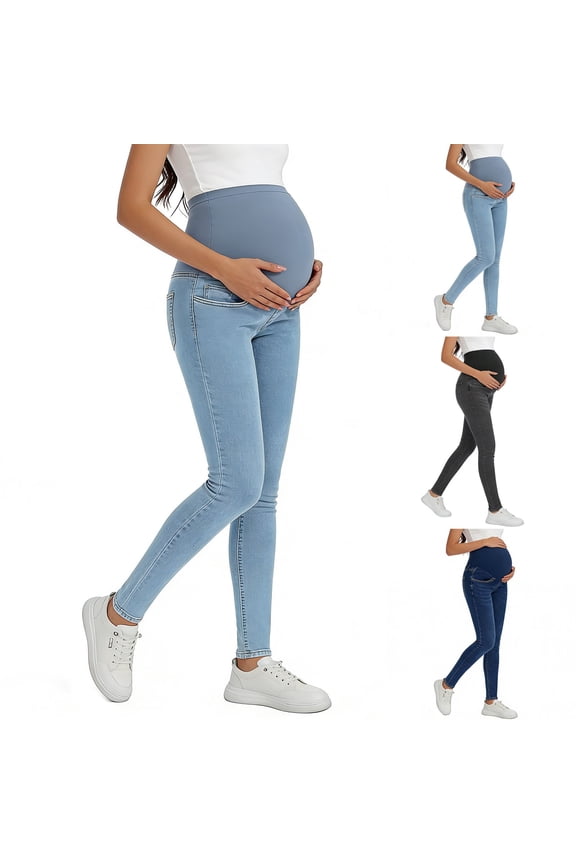 Maternity Pants jeans for women Stretch Waistband Pregnant Women Full Length Jeans Straight Leg Breathable Pregnancy Pants Winter Fleece Lined Comfort Fit Maternity Clothes for Women