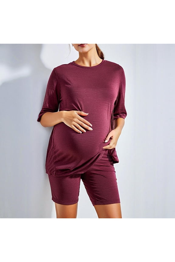 Maternity Scrubs Solid Color Round Neck Short Sleeved and Soft Stretch Shorts with Pockets Elastic Loose Casual Comfortable Home Wear Sets