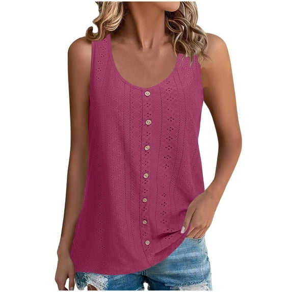 pstuiky Women's Tank Tops, Women Solid Color Hollow Button Round Neck Casual Tank Top Stylish Summer Fashion Sleeveless Shirt for Women Lightweight and Comfortable Hot Pink L