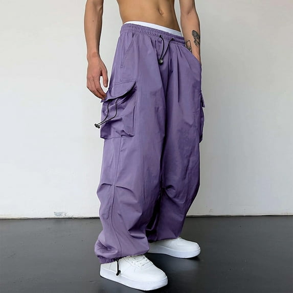 pstuiky Men's Cargo Pants, Solid Color Leisure Regular Multiple Pockets Men's Pants Purple XXL