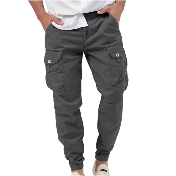 pstuiky Men'S Cargo Pants, Solid Color Straight Type Workwear Loose Multiple Pockets Mens Pants Up To 50% Off Gray M