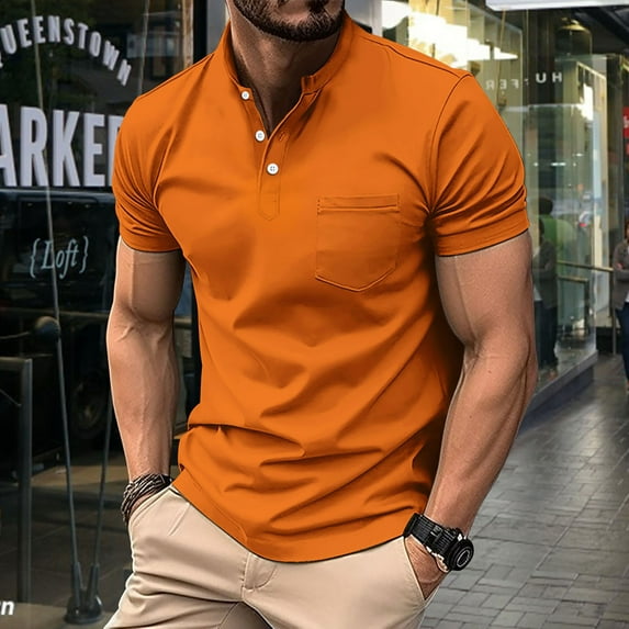 pstuiky T Shirt for Men, Man Long Sleeve Solid Color Lapel Button Fashion Fallow T-Shirt Tops Orange xl