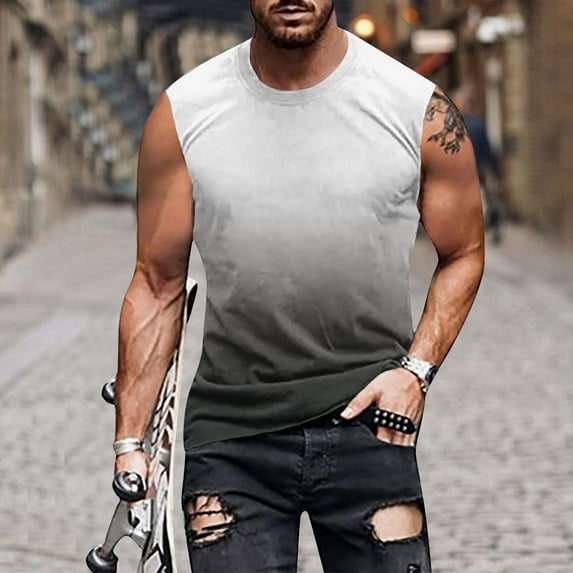 pstuiky Mens Tank Top, Gradient Color Sleeveless Crewneck Vest Top Workout Tank Tops for Men Beach Shirts for Men Running Vest Sale