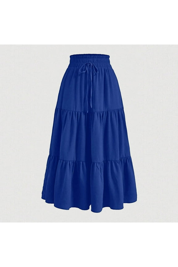 Midi Skirts for Women, Women Summer Solid Color Drawstring Elastic Waist Skirt Casual Midi Skirt for Women Comfortable Trendy Skirt with Pocket Long Skirts Blue S