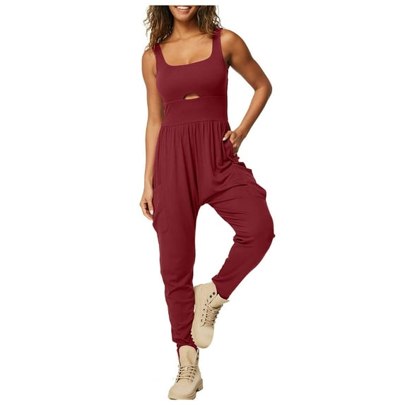 pstuiky One Piece Jumpsuits for Women, Solid Color Casual Long Outfits for Vacation Basic Womens Romper Wine M