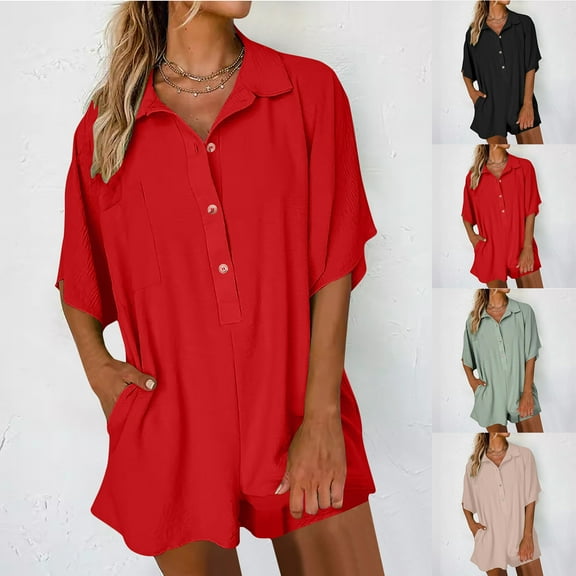 pstuiky One Piece Jumpsuits for Women, Solid Color Casual Short Pants Button with Pockets Active Fit Rompers for Women Holiday Gifts Beige L