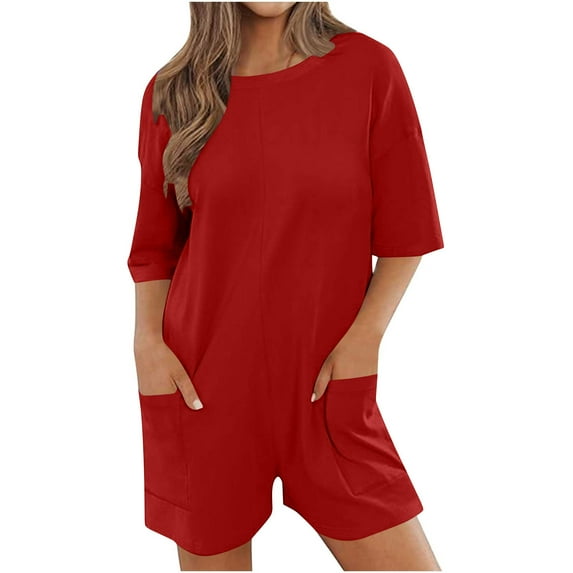 pstuiky One Piece Jumpsuits for Women, Solid Color Casual Short Trousers with Pockets Basic Womens Romper Red S