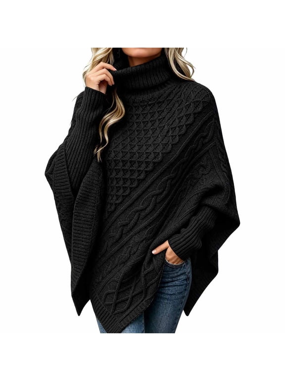 pstuiky Oversized Turtleneck Cable Knit Poncho Sweater for Women Batwing Sleeve Loose Casual Wrap Pullover Top