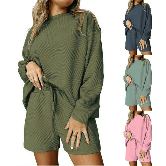 pstuiky Pajama Sets for Women 2 Piece, Women Print Long Sleeve Round Neck Blouses Shirts Sets and Shorts Loose Fit Soft and Comfortable Oversized Pj Sets Loungewear Set Army Green L