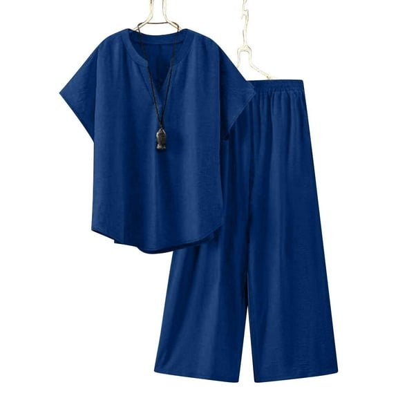pstuiky Pajama Sets for Women Fashion Solid Color Breathable Sleepwear with Pants Summer Loose Fit V-Neck Short Sleeve Pajamas Blue S