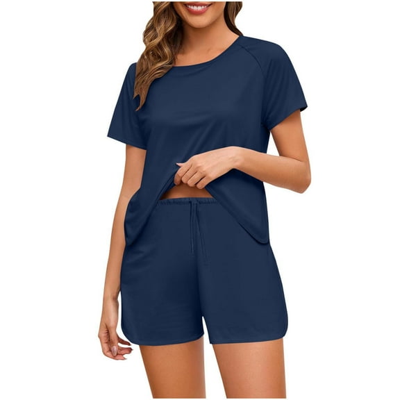 pstuiky Pajama Sets for Women Fashion Solid Color Comfortable Pajamas Sets Casual Loose Fit Crew Neck Short Sleeve Sleepwear with Shorts Plus Size Sleepwear Dark Blue L