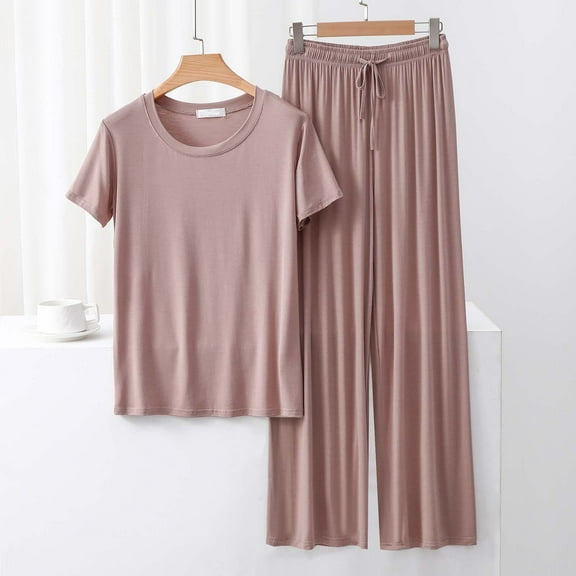 pstuiky Pajama Sets for Women Fashion Solid Color Lace Pajama Sets with Pants Summer Loose Fit Crew Neck Short Sleeve Sleepwear Khaki XL