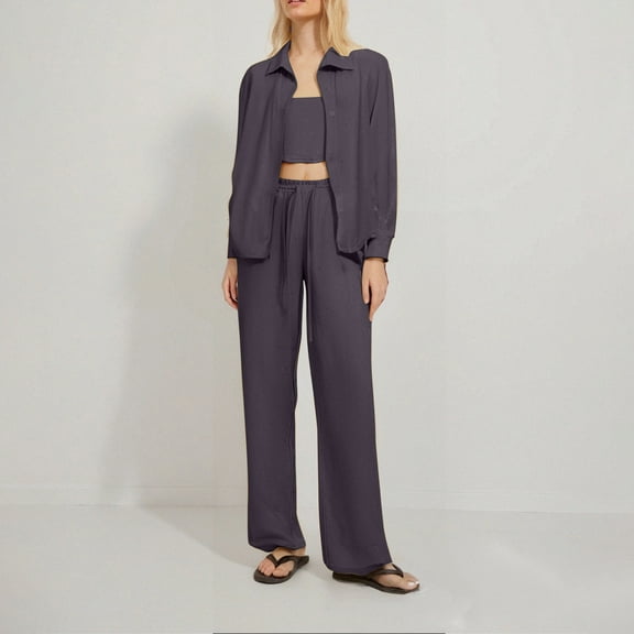 pstuiky Pajama Sets for Women Fashion Solid Color Lightweight Pajama Sets with Pants Summer Loose Fit Collared Long Sleeve Sleepwear Gray L