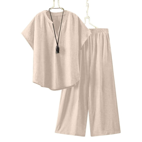 pstuiky Pajama Sets for Women Oversized Solid Color Breathable Sleepwear with Pants Summer Loose Fit V-Neck Short Sleeve Pajamas Beige S