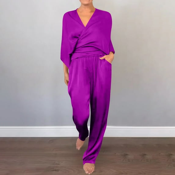 pstuiky Pajama Sets for Women Oversized Solid Color Comfortable Sleepwear with Pants Leisure Loose Fit V-Neck Short Sleeve Pajamas Womens Loungewear Purple 2XL