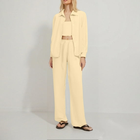 pstuiky Pajama Sets for Women Oversized Solid Color Lightweight Sleepwear with Pants Leisure Loose Fit Collared Long Sleeve Pajamas Loungewear for Teens Khaki S