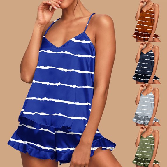 pstuiky Pajama Sets for Women Oversized Striped Print Cami Lounge Sets Summer Loose Fit Crew Neck Sleeveless Pajama Sets with Shorts Black S