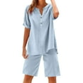 thumbnail image 1 of pstuiky Pajama Sets for Women Summer Solid Color Comfortable Pajama Set Lounge Loose Fit V-Neck Short Sleeve Sleepwear with Shorts Pjs Sets for Women Light Blue 2XL, 1 of 5
