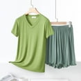 thumbnail image 1 of pstuiky Pajama Sets for Women Summer Solid Color Lace Pajamas Sets Leisure Loose Fit V-Neck Short Sleeve Sleepwear with Shorts Womens Loungewear Mint Green XL, 1 of 7