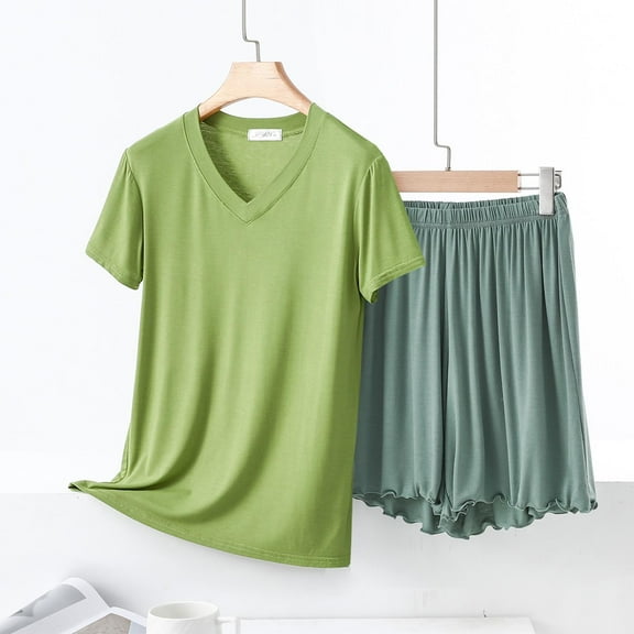 pstuiky Pajama Sets for Women Summer Solid Color Lace Pajamas Sets Leisure Loose Fit V-Neck Short Sleeve Sleepwear with Shorts Womens Loungewear Mint Green XL