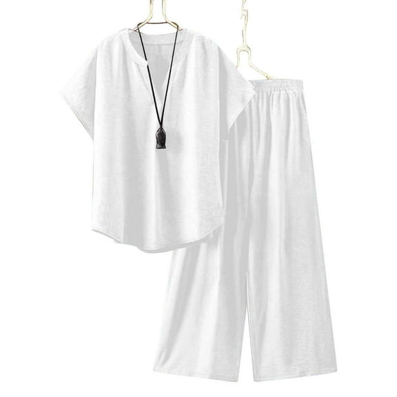 pstuiky Pajama Shorts Set for Women Fashion Solid Color Breathable Sleepwear with Pants Summer Loose Fit V-Neck Short Sleeve Pajamas White L