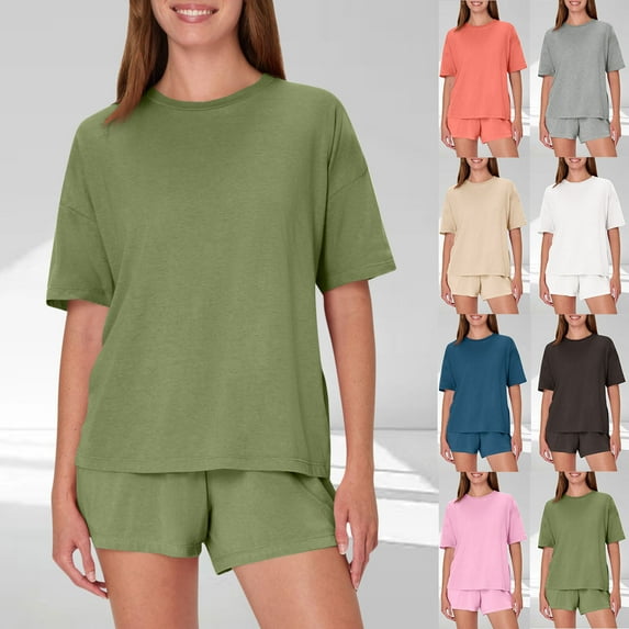 pstuiky Pajama Shorts Set Women Fashion Solid Color Comfortable Lounge Sets Casual Loose Fit Crew Neck Short Sleeve Pajama Sets with Shorts Plus Size Sleepwear Army Green S
