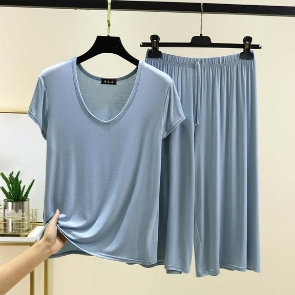 pstuiky Pajama Shorts Set Women Fashion Solid Color Comfortable Pajama Set Summer Loose Fit V-Neck Short Sleeve Sleepwear with Shorts Light Blue XL