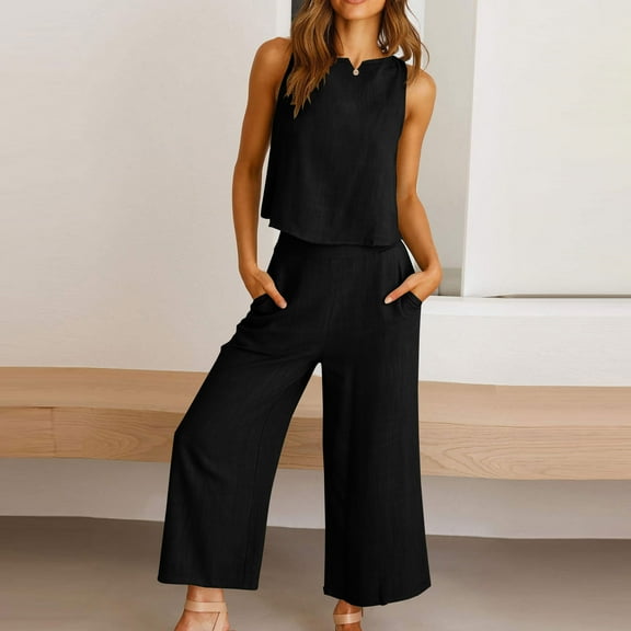 pstuiky Pajama Shorts Set for Women Oversized Solid Color Comfortable Pajama Set Summer Loose Fit Crew Neck Sleeveless Sleepwear with Shorts Black L