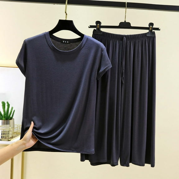 pstuiky Pajama Shorts Set for Women Plus Size Solid Color Comfortable Pajama Sets Summer Loose Fit Crew Neck Short Sleeve Sleepwear with Shorts Dark Gray 3XL