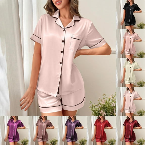 pstuiky Pajama Shorts Set Women Summer Solid Color Comfortable Lounge Sets Casual Loose Fit Collared Short Sleeve Pajama Sets with Shorts Black S