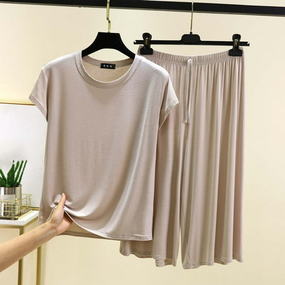 pstuiky Pajamas for Women Set Oversized Solid Color Comfortable Lounge Sets Summer Loose Fit Crew Neck Short Sleeve Pajama Sets with Shorts Beige M