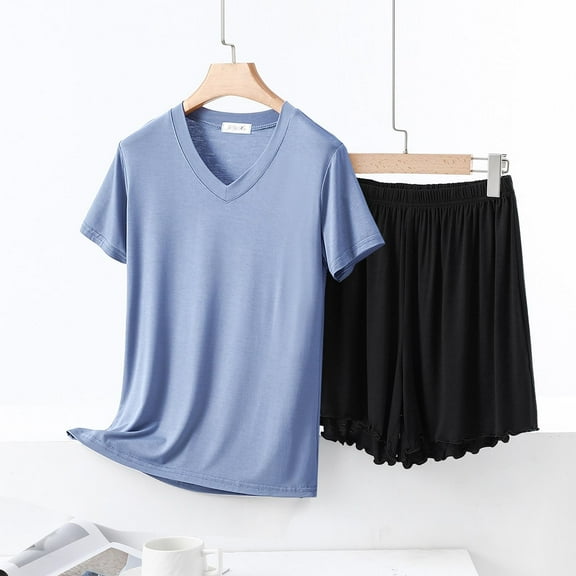 pstuiky Pajamas for Women Set Oversized Solid Color Lace Pajamas Set Summer Loose Fit V-Neck Short Sleeve Sleepwear with Shorts Black L