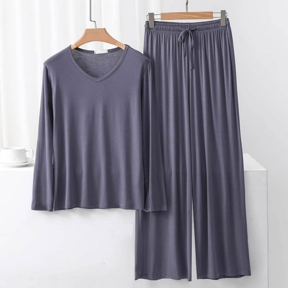 pstuiky Pajamas for Women Set Oversized Solid Color Lace Sleepwear with Pants Summer Loose Fit V-Neck Long Sleeve Pajamas Flash Sales for Today Gray XL
