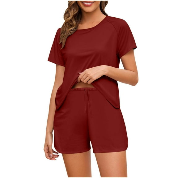 pstuiky Pajamas for Women Set Oversized Solid Color Lightweight 2 Piece Sleepwear Casual Loose Fit Crew Neck Short Sleeve Pajama Sets with Shorts Summer Pjs Wine M