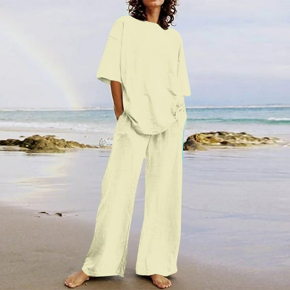 pstuiky Pajamas for Women Set, Women Print Short Sleeve Round Neck Blouses Shirts Sets and Long Pants Regular Fit Casual Oversized Lounge Loungewear Sets for Women Beige XXXL