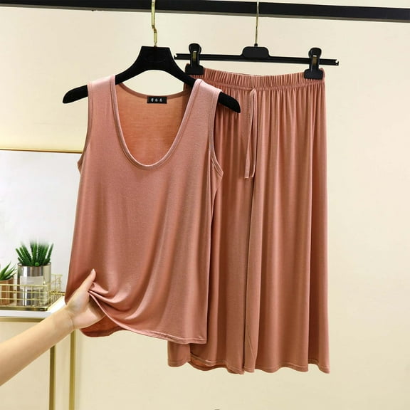 pstuiky Pajamas for Women Shorts Set Fashion Solid Color Lightweight Pajamas Set Leisure Loose Fit V-Neck Sleeveless Sleepwear with Shorts Womens Loungewear Khaki M