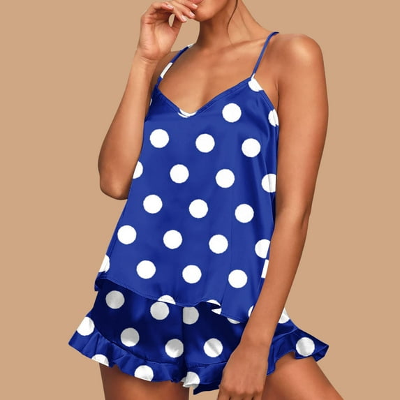 pstuiky Pajamas for Women Shorts Set Oversized Polka Dots Cami 2 Piece Sleepwear Leisure Loose Fit Crew Neck Sleeveless Pajama Sets with Shorts Loungewear Sets Woman Blue M